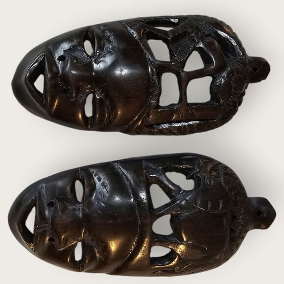 Set of 2 Dark Brown Carved Wood African Tribal Masks Elephant Working Man - Picture 4 of 7